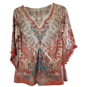078) Energe Womens Medium Long Sleeve Blouse Paisley Tan Orange Boho Spring‎